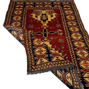 Handknotted Afghan Chobi 5x3 Red Blue Handmade 100% Shining Wool 120 KPSI Rug
